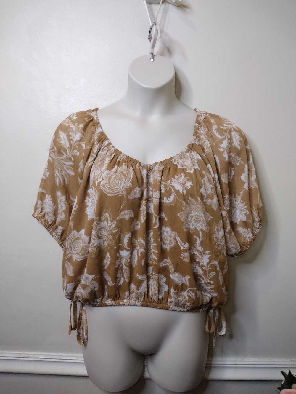 LOFT Tan & White Floral Chiffon Peasant Style Blouse - Picture 2 of 10